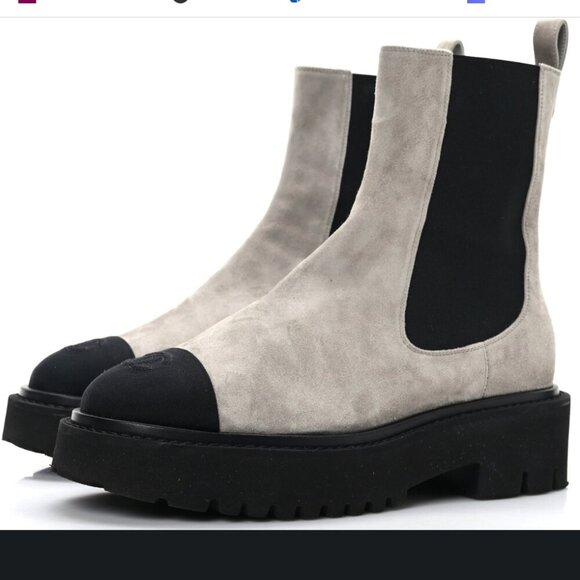 NEW Chanel Grey Calfskin Suede Combat Chelsea Ankle boots black toe 39 - Picture 1 of 16